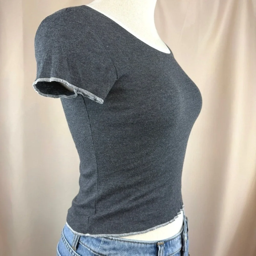 NWT WET SEAL Baby Tee (S) T-Shirt Tiny Gray Stretch Contrast Edging Twee Kidcore - Picture 2 of 5